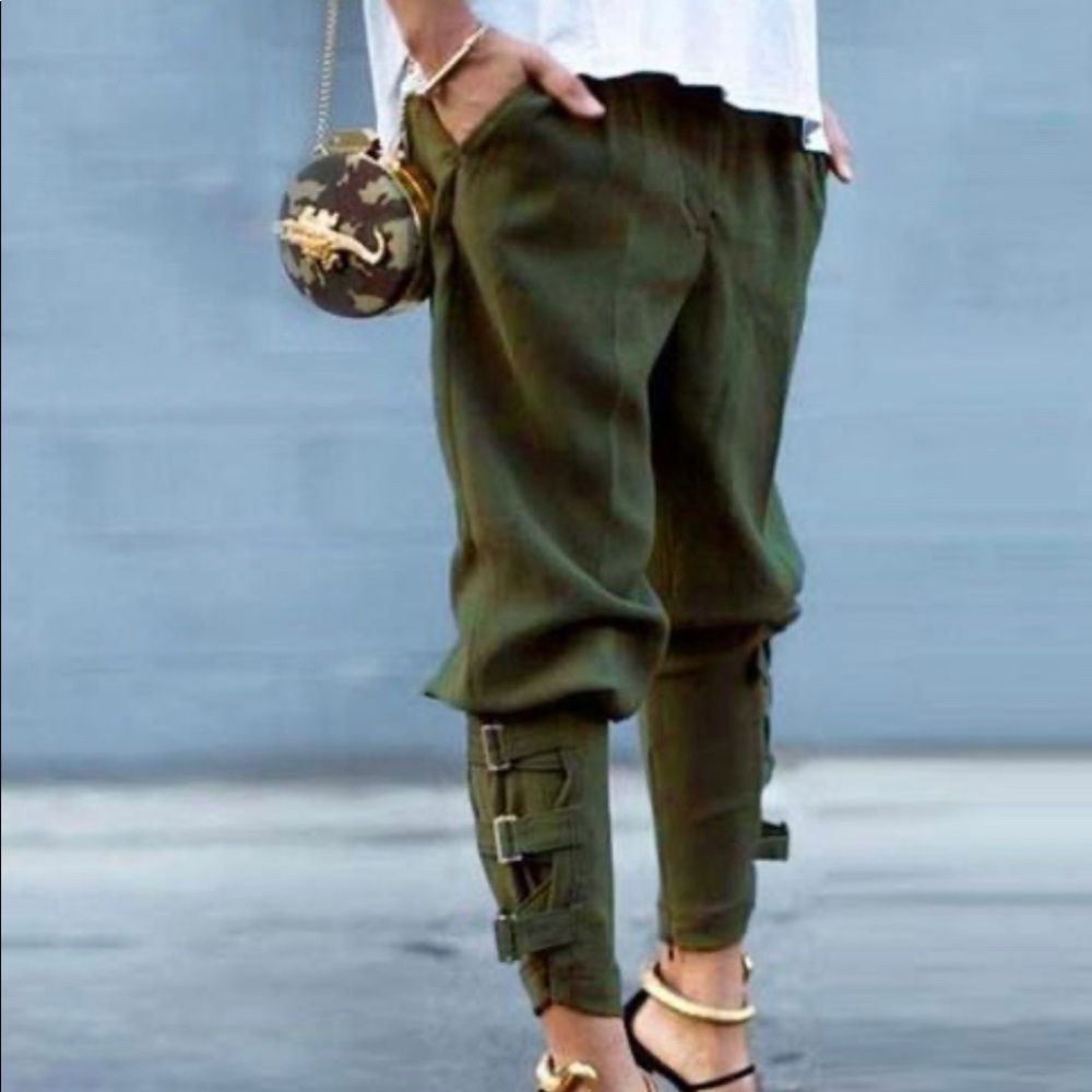 Green Curvy Girl Pants Women Buckle Bottom Slacks